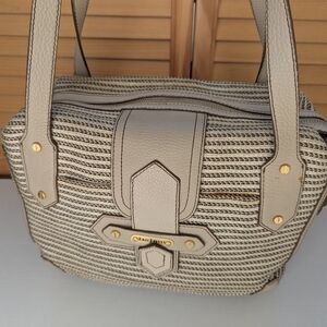 Eric Javits Squishee Jute Double Handle Satchel with beige leather trim.